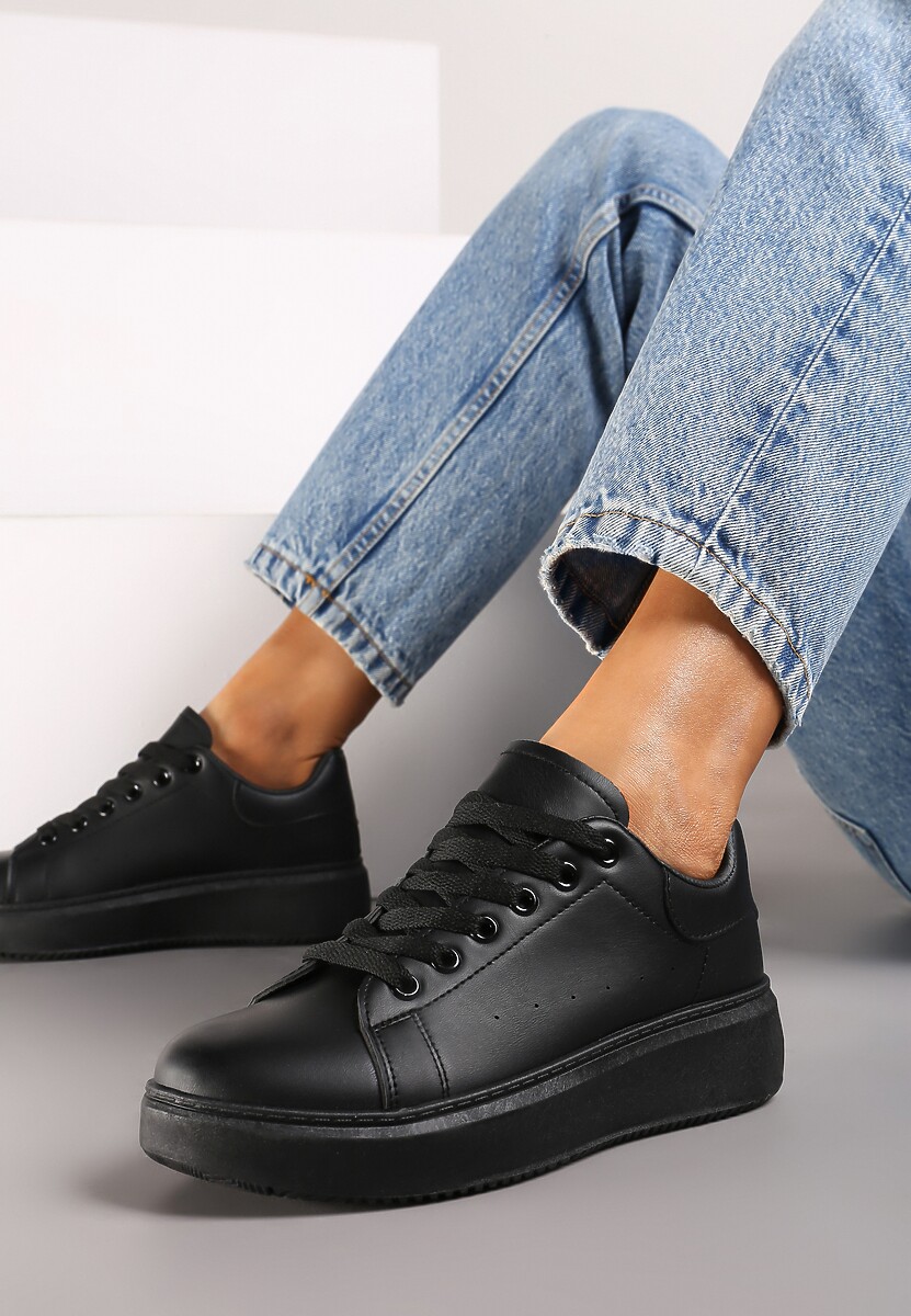 Czarne Casualowe Sneakersy na Platformie ze Sznurowaniem Tialorae