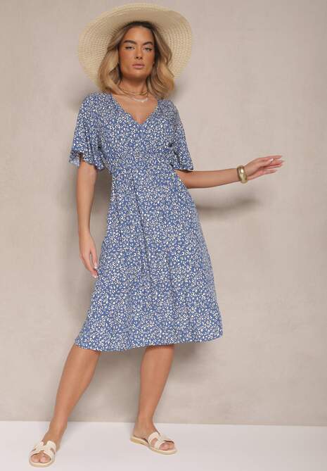 Niebieska Rozkloszowana Sukienka Bawełniana w Kwiatowy Print Ezrive