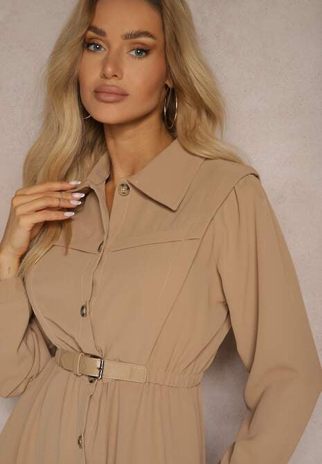 Brązowa Koszulowa Sukienka z Gumką w Talii i Paskiem z Klamerką Jenele