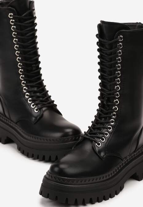 Czarne Botki Typu Traperki na Grubej Podeszwie z Ozdobnym Łańcuszkiem Elonika