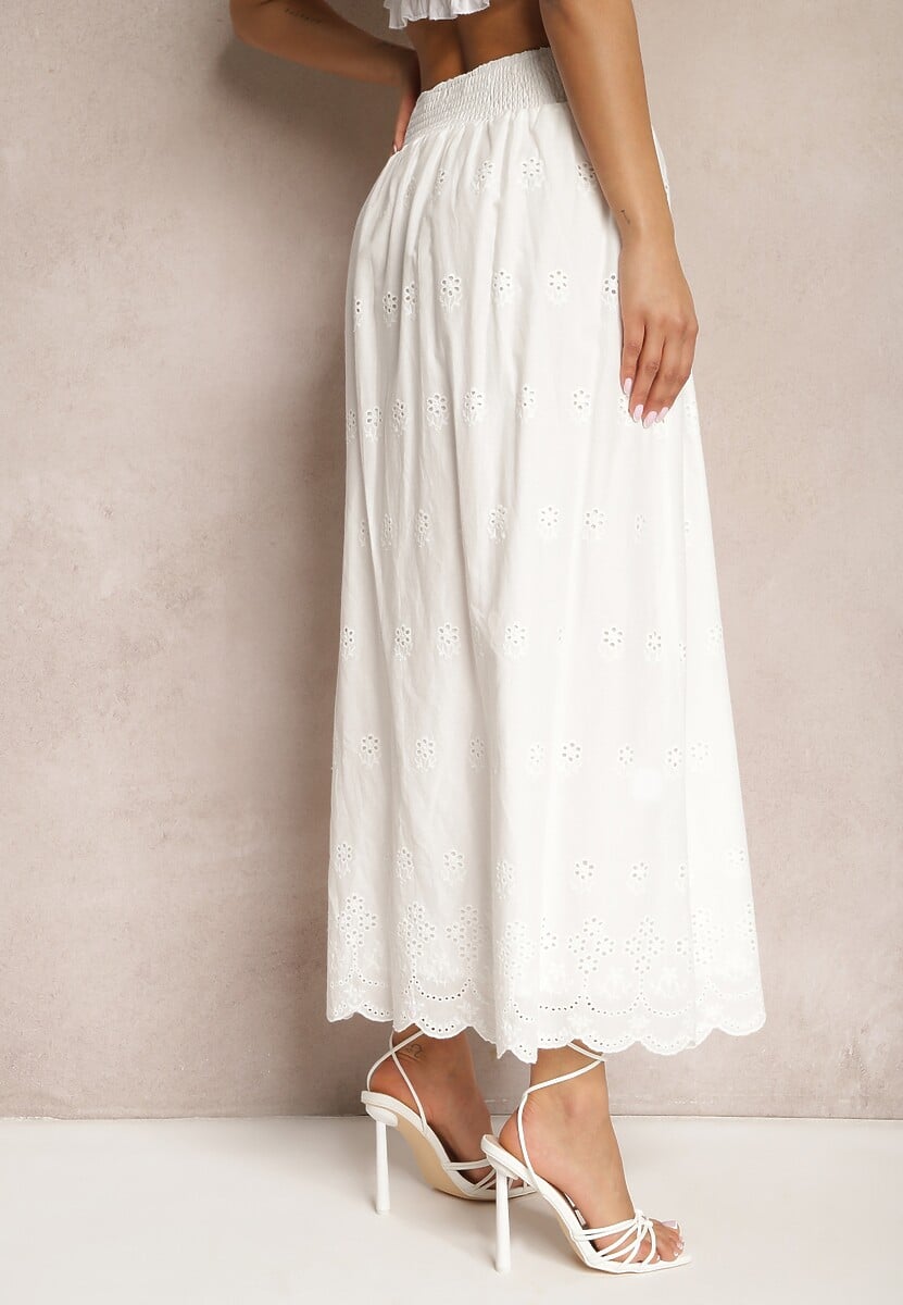Biała Spódnica z Bawełny o Haftowanym Wykończeniu z Gumką w Talii Wiastera