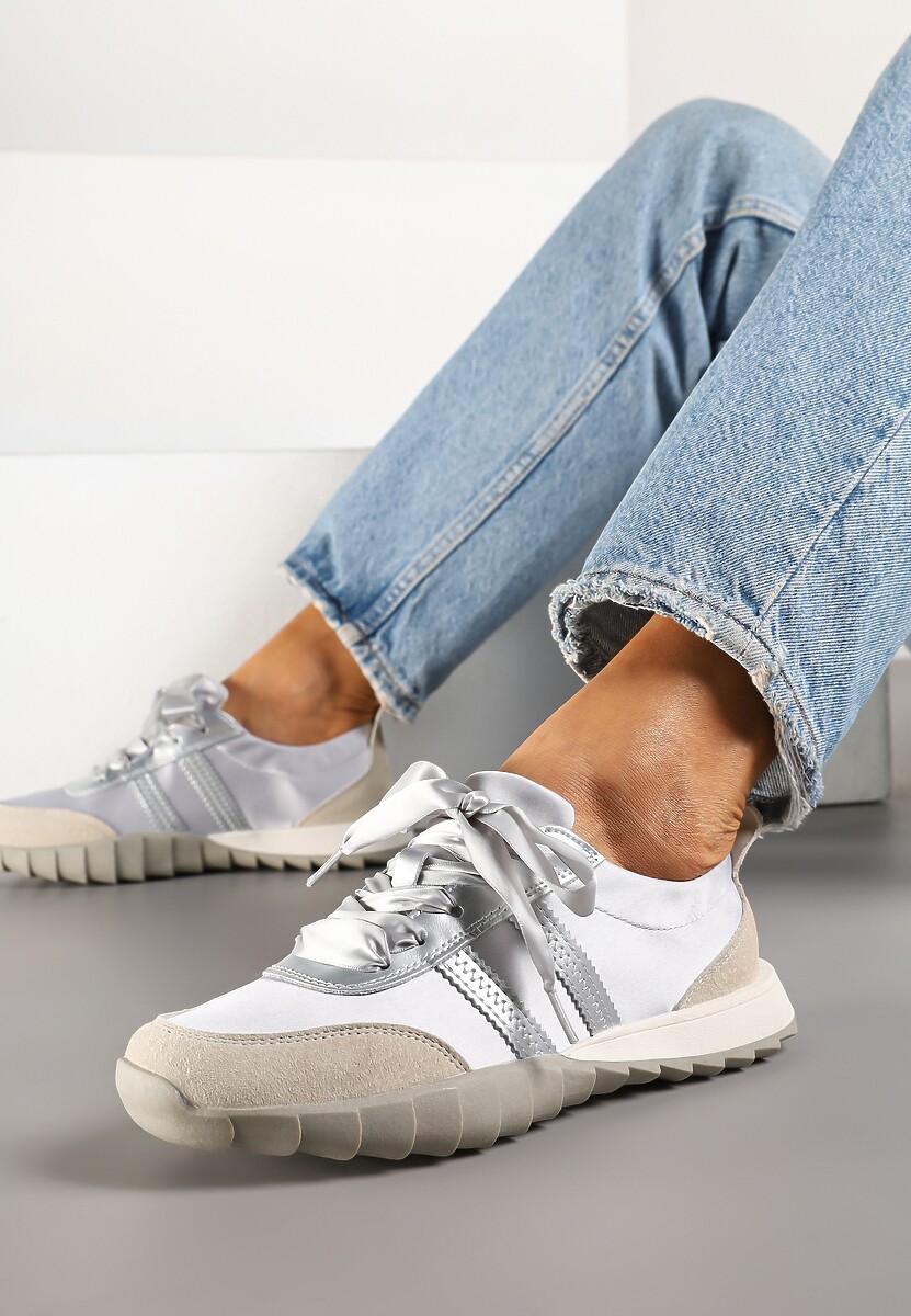 Szare Sneakersy Klasyczne Tenisówki ze Skóry Naturalnej z Satynowym Wiązaniem Viviantia
