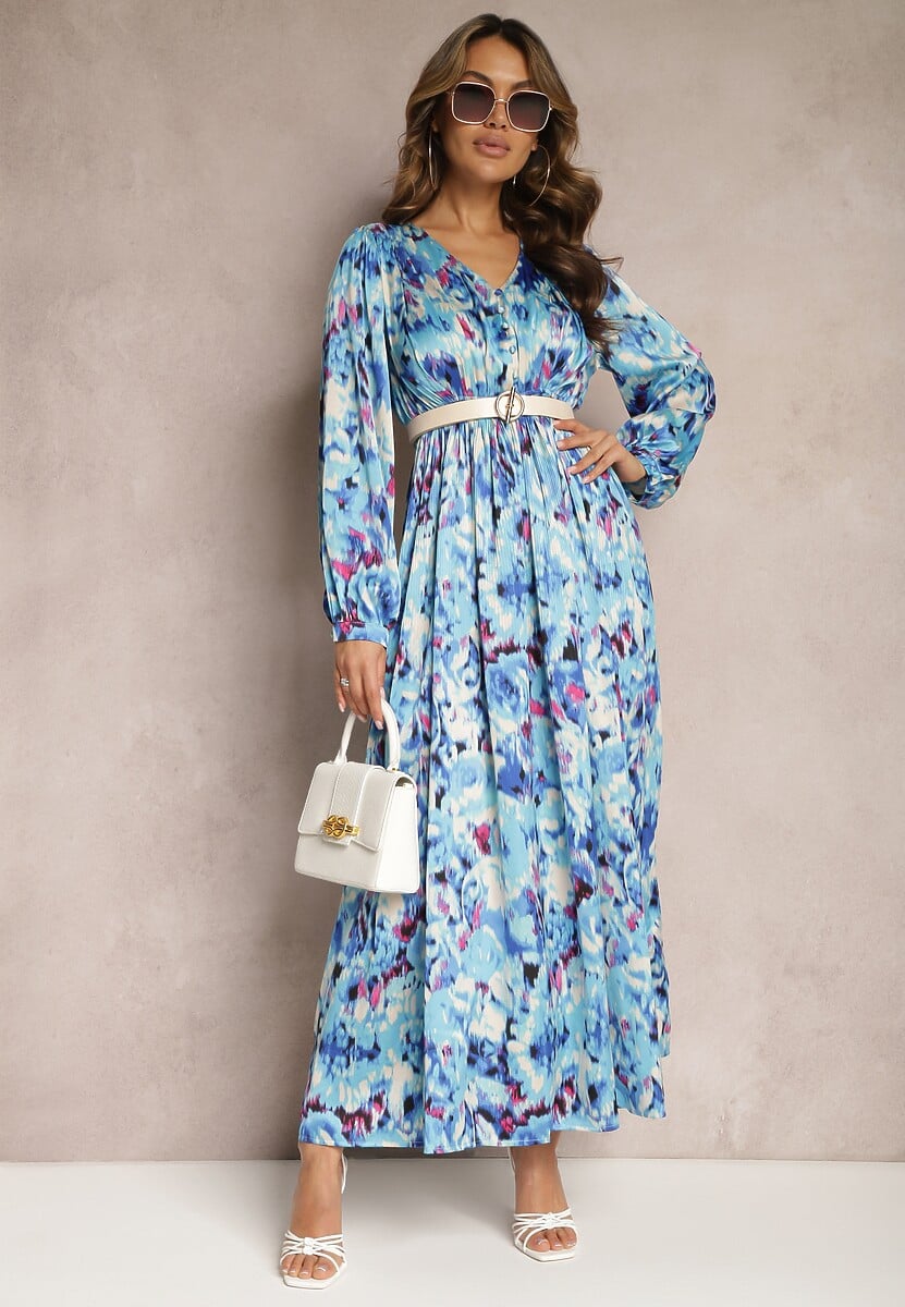 Granatowa Satynowa Sukienka Maxi Taliowana w Abstrakcyjny Wzór Arcadina