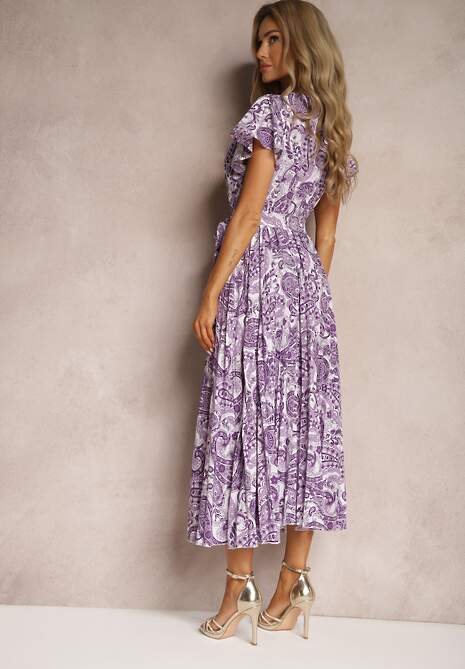 Fioletowa Rozkloszowana Sukienka z Trójkątnym Dekoltem z Materiałowym Paskiem i Gumką w Talii Carimi