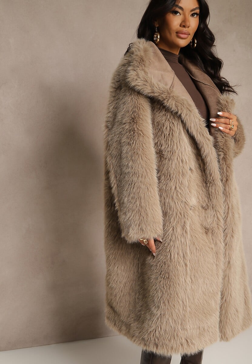 Ciemnobeżowy Dwurzędowy Płaszcz Futerko o Dwustronnym Kroju z Kołnierzem Nalaneva