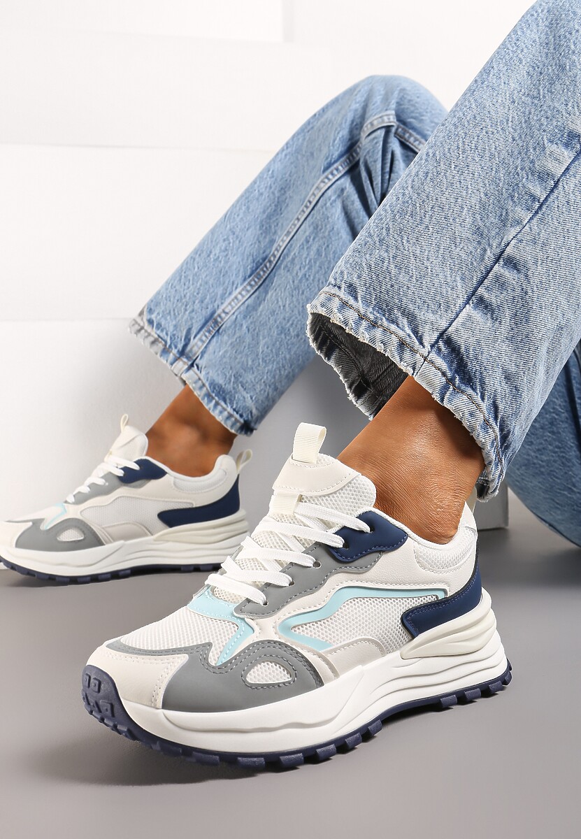 Beżowo-Granatowe Sneakersy na Niskiej Platformie z Siateczką z Ozdobnymi Wstawkami Lelphine