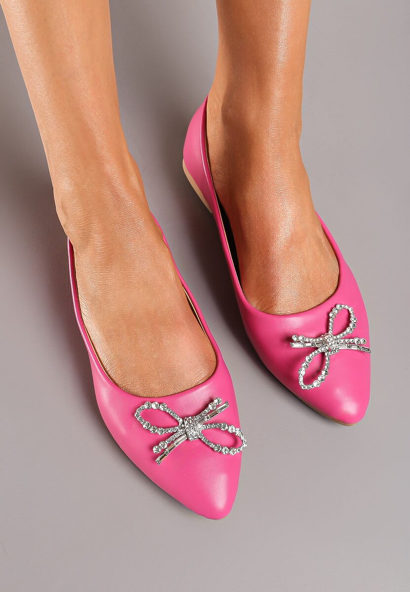Różowe Balerinki na Płaskiej Podeszwie ze Skórzaną Wkładką Ozdobione Kokardką z Cyrkonii Tiavana