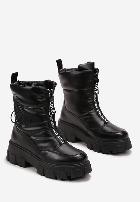 Czarne Śniegowce z Ekoskóry z Ozdobnym Suwakiem i Napisem Veneria