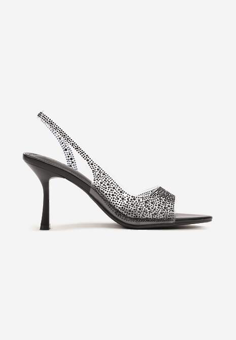 Czarne Sandały na Niskiej Szpilce z Otwartym Noskiem Zdobione Cyrkoniami Rialiana