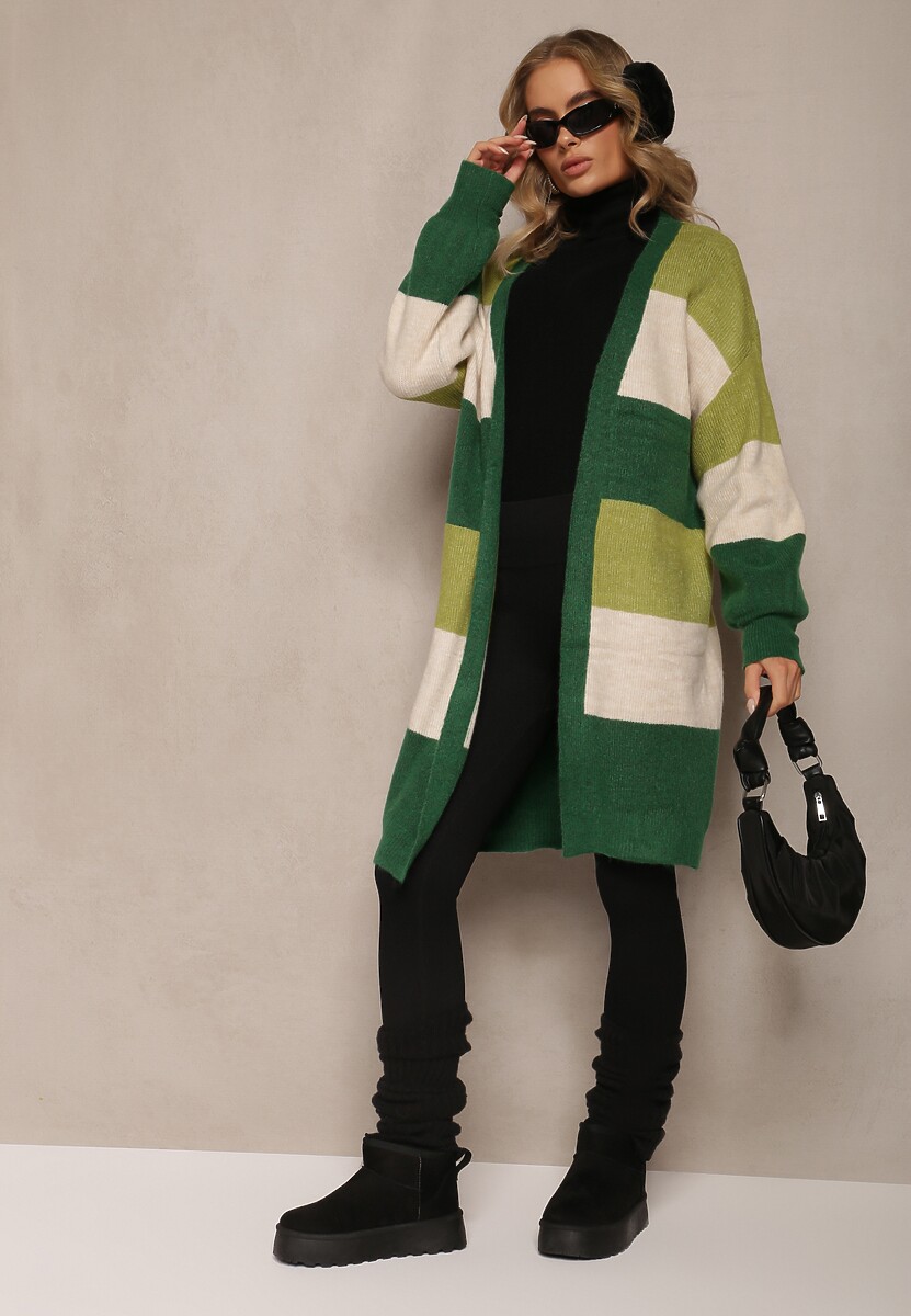 Zielony Luźny Kardigan Niezapinany w Paski Blikoze