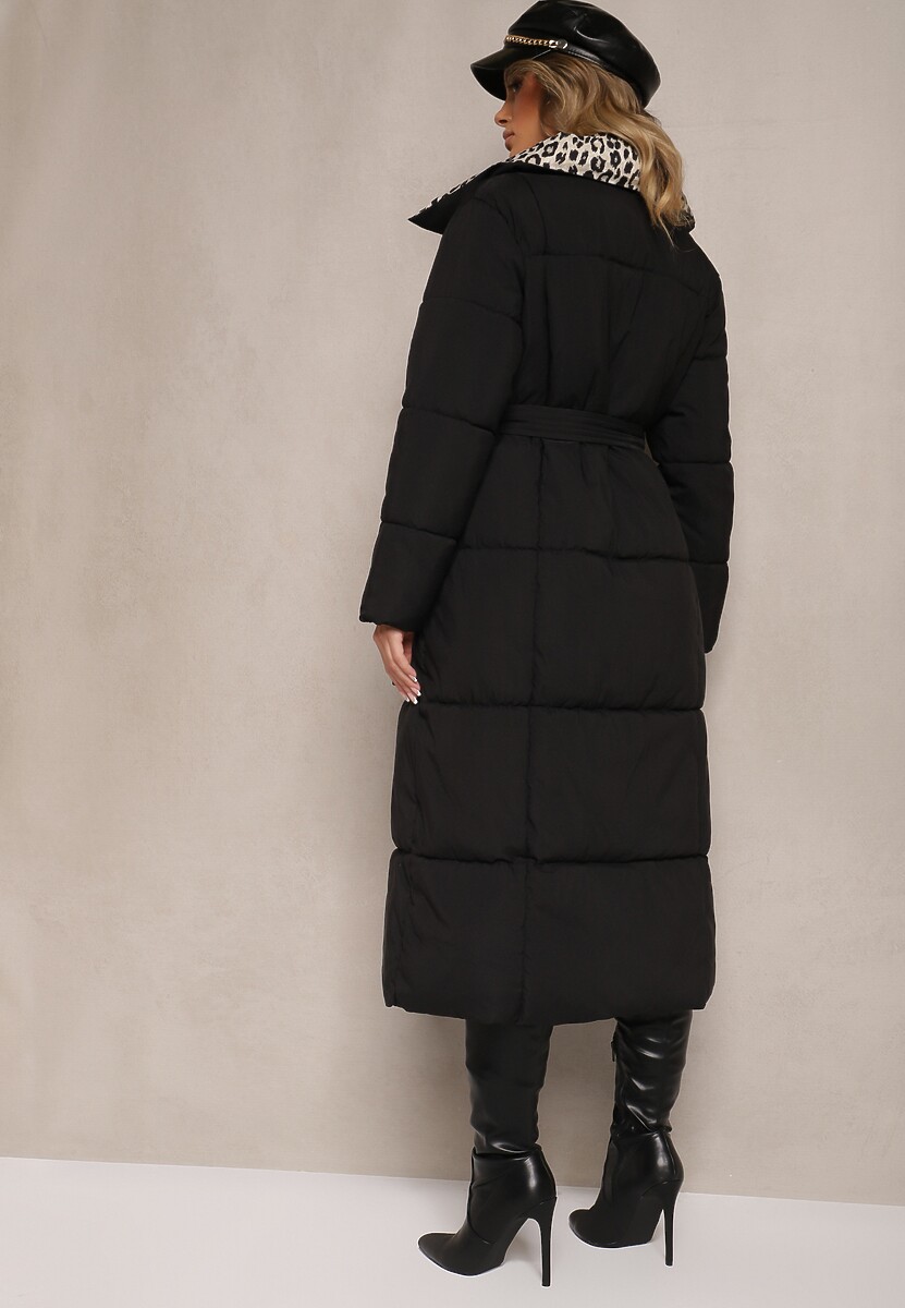 Czarno-Beżowa Długa Kurtka z Pikowanymi Przeszyciami i Kołnierzem w Panterkę Wiązana w Talii Tilfezi