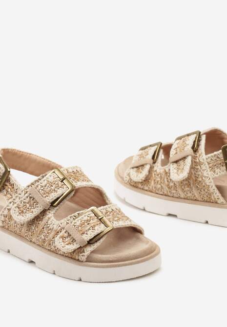 Ciemnobeżowe Sandały na Niskiej Platformie ze Sprzączkami Obisina