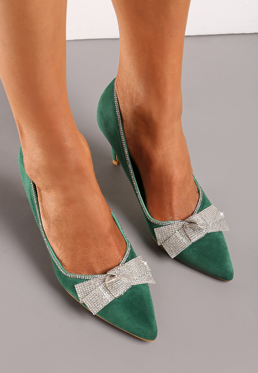 Zielone Szpilki z Cyrkoniowymi Kokardami ze Szpiczastym Noskiem Crandia