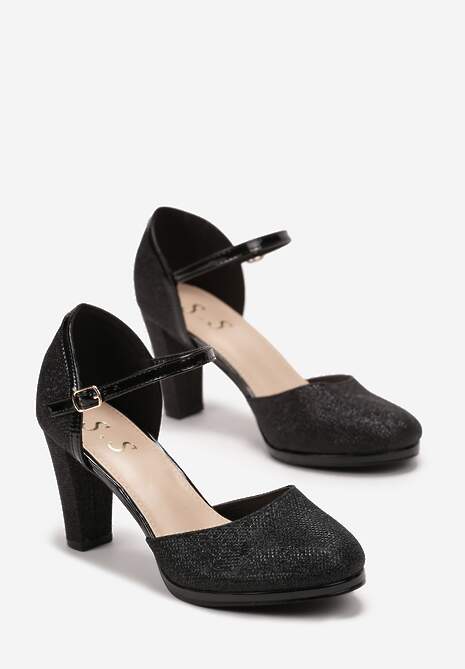 Czarne Czółenka na Słupku z Okrągłymi Noskami Ozdobione Brokatem Nerila