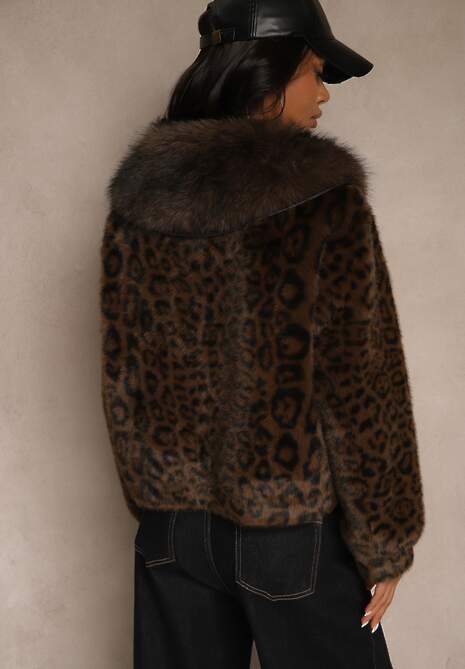 Brązowa Krótka Kurtka Futerko w Panterkę z Oryginalnym Zapięciem Otizana