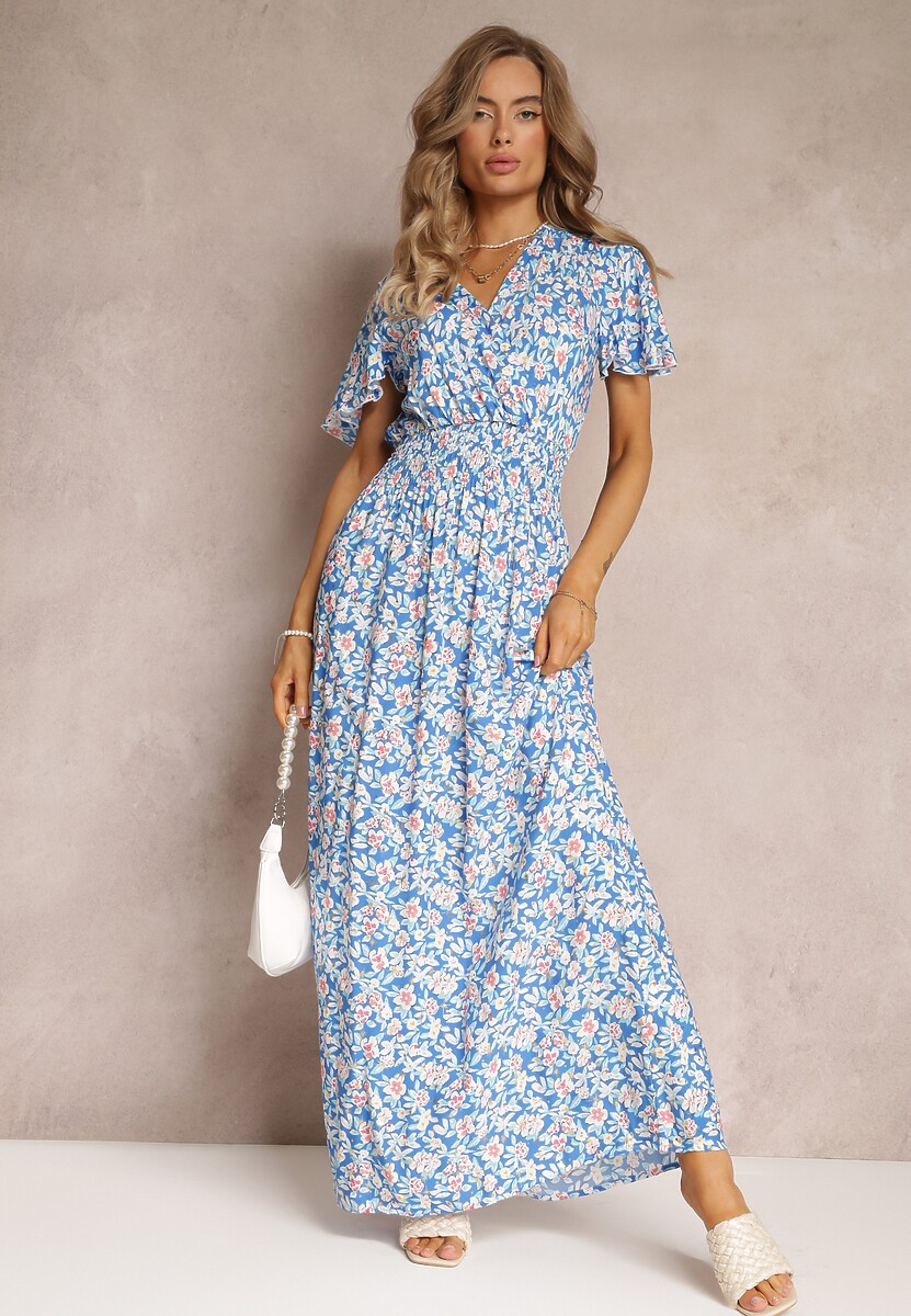 Niebieska Rozkloszowana Sukienka z Wiskozy i Modnym Nadrukiem Vildei