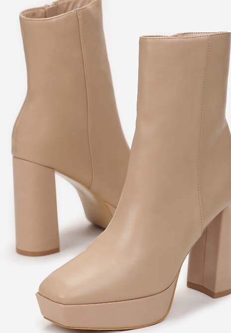 Beżowe Botki z Kwadratowym Noskiem na Słupku i Platformie Nopemia