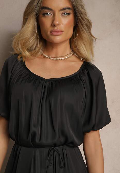 Czarna Taliowana Sukienka Pudełkowa ze Sznurkiem w Pasie z Dekoltem w Łódkę Sonadoreta