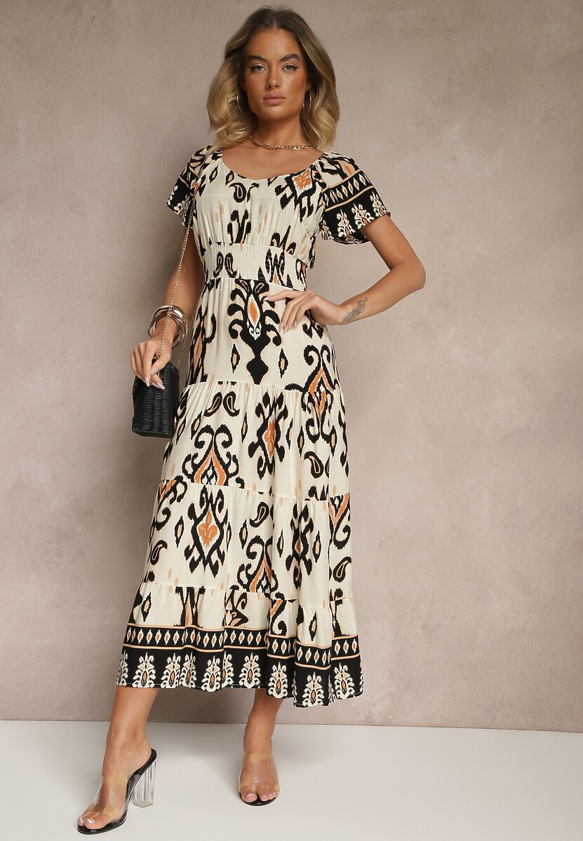 Jasnobeżowa Sukienka z Wiskozy Ozdobiona Geometrycznym Motywem Clevessa