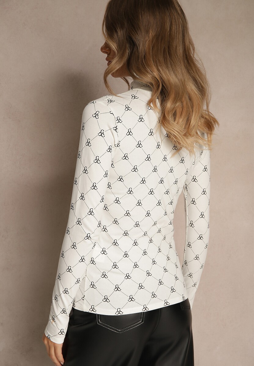 Biała Bluzka Longsleeve Półgolf z Bawełny Ozdobiona Geometrycznym Nadrukiem Zantila