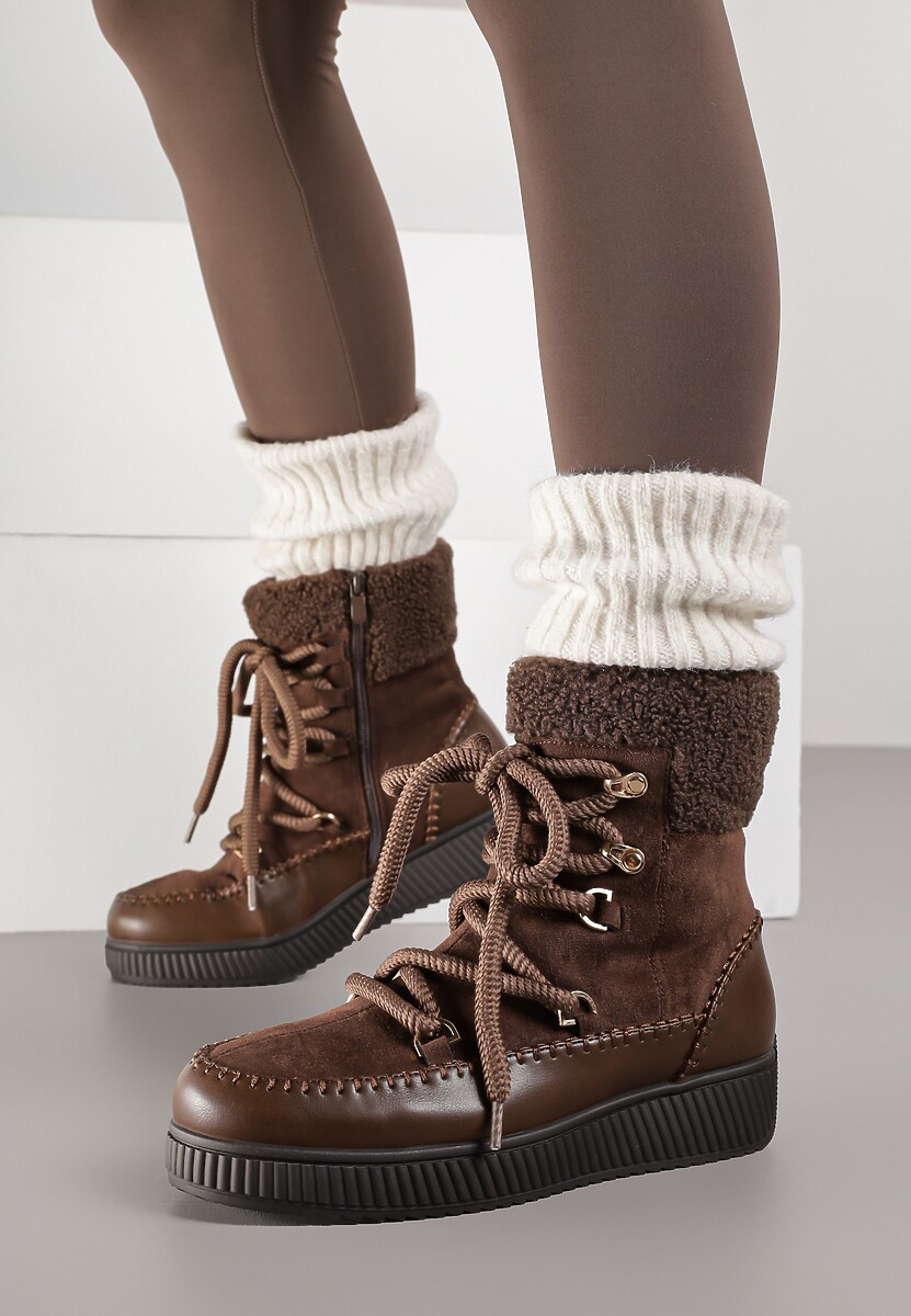 Brązowe Śniegowce Zdobione Futrem i Przeszyciami Genilea