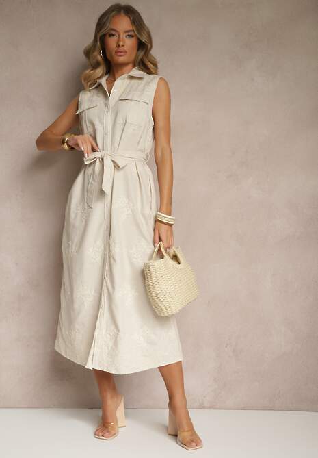 Beżowa Bawełniana Sukienka Koszulowa z Paskiem Kolivessa