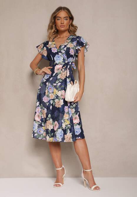 Niebieska Kopertowa Sukienka w Kwiaty Atesalia