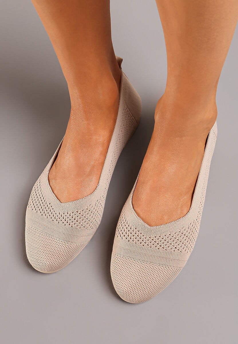 Ciemnobeżowe Płaskie Balerinki z Siateczkowego Materiału Nelibra