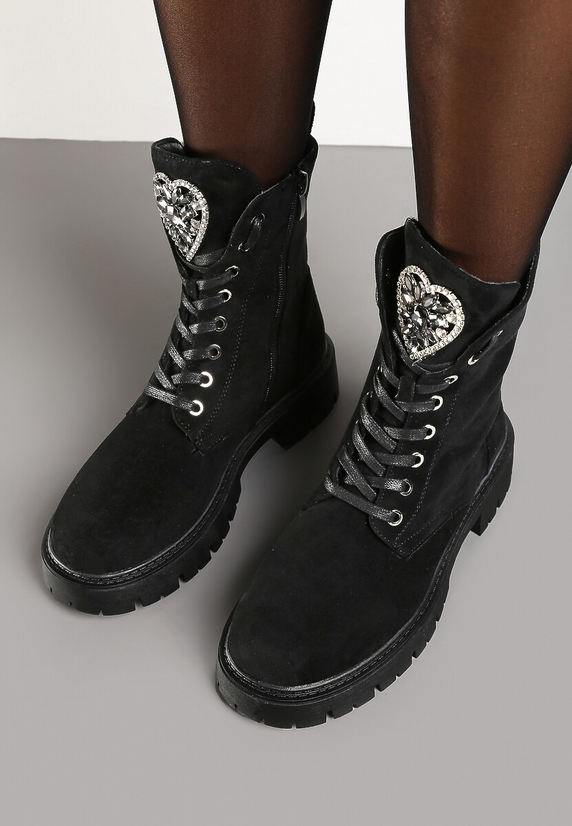 Czarne Botki Workery na Płaskiej Podeszwie ze Sznurowaniem i Ozdobą z Cyrkoniami Savilora
