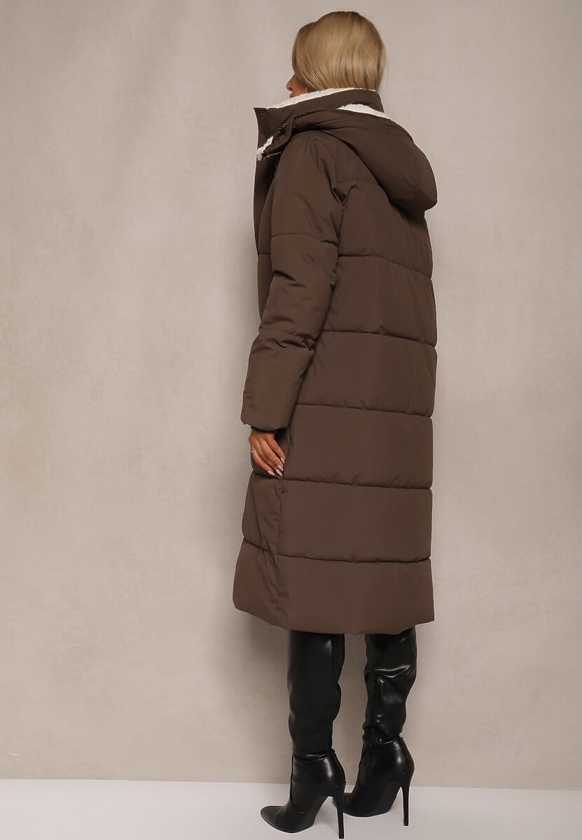 Brązowa Pikowana Kurtka o Długim Kroju z Odpinanym Kapturem i Kieszeniami Etanore