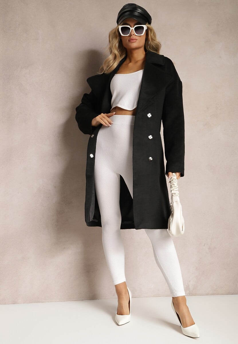 Czarny Klasyczny Płaszcz Wiązany Paskiem w Talii Aniele