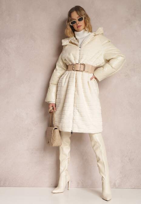 Jasnobeżowa Kurtka Futerko Pikowana z Kapturem Alysa