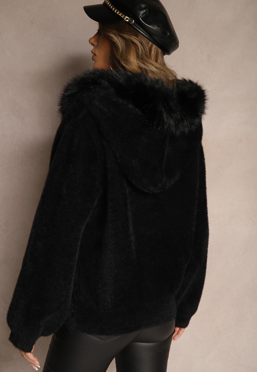 Czarna Bluza Rozpinana z Wełną i Wiskozą Ozdobiona Futerkiem Vesalttia