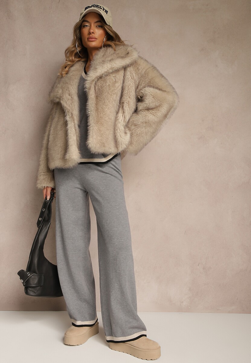 Szary Komplet Dzianinowy Sweter i Spodnie Wide Leg z Ozdobną Lamówką Ralenia