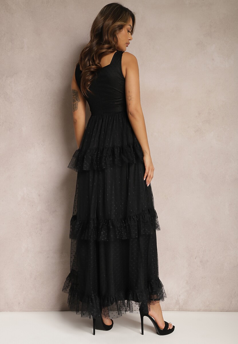 Czarna Maxi Sukienka o Rozkloszowanym Kroju z Falbankami Efezmi