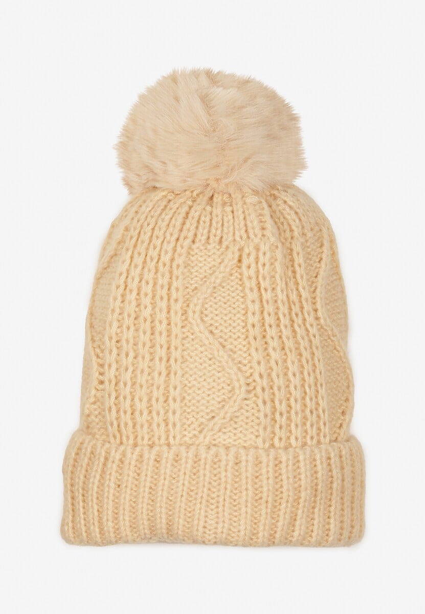 Beżowa Czapka Ozdobiona Pomponem i Tłoczeniem Tamlin