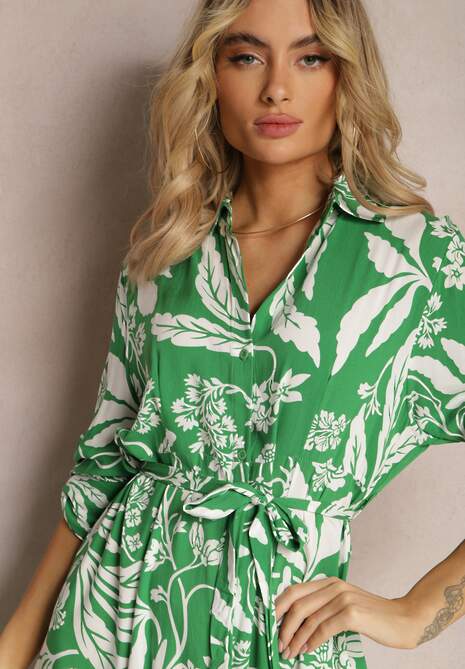 Zielono-Biała Sukienka o Długim Koszulowym Fasonie z Wzorem w Kwiaty Seraplle