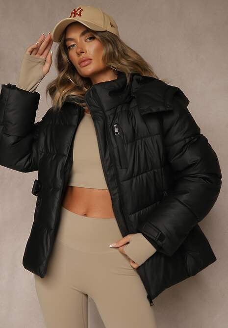 Czarna Kurtka Zimowa Y2K z Pikowaniem i Paskiem ze Sprzączką Cerrive