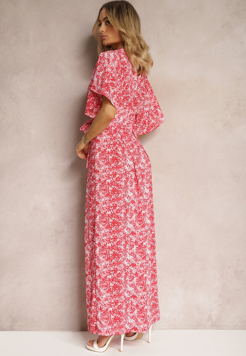 Czerwono-Różowy Kombinezon z Falbankami i Trójkątnym Dekoltem z Suwakiem z Tyłu Zintella