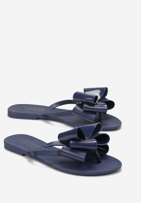 Granatowe Płaskie Japonki z Kokardą i Okrągłym Noskiem Nelemene