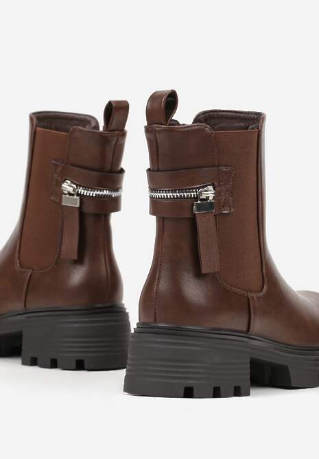 Brązowe Botki Typu Sztyblety na Platformie Ozdobione Aplikacją Nemalea