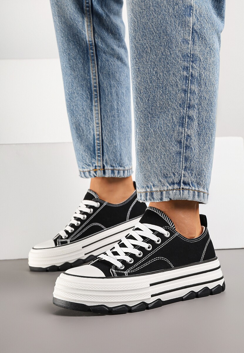 Czarne Trampki na Platformie z Paskami i Niską Cholewką Zienelle