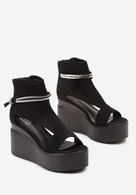 Czarne Sandały za Kostkę na Platformie z Koturnem Ozdobione Cyrkoniami Gavrela
