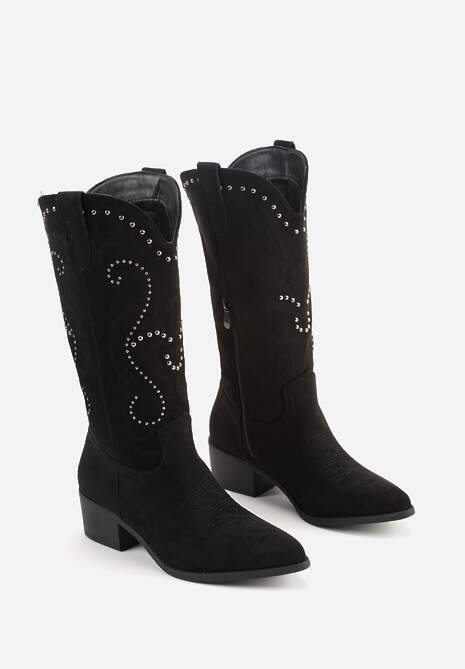 Czarne Kozaki Kowbojki na Słupku z Nitami i Haftem przy Cholewce Nuvitta