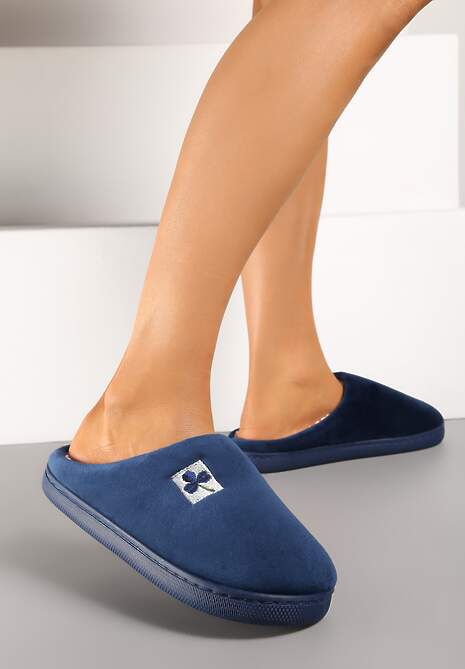 Granatowe Kapcie Vices z Weluru na Płaskiej Podeszwie Cellia