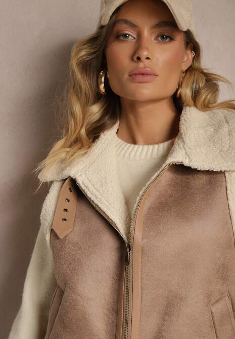 Beżowa Kamizelka Ozdobiona Wstawkami z Futerka Reaelia