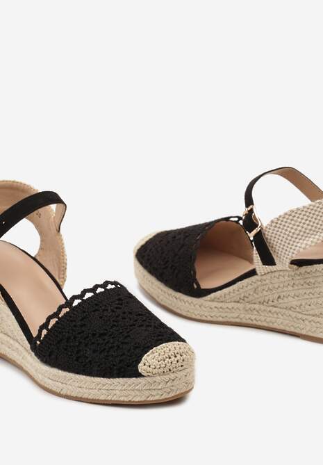 Czarne Ażurowe Sandały Espadryle na Koturnie Ozdobionym Plecionką Kija
