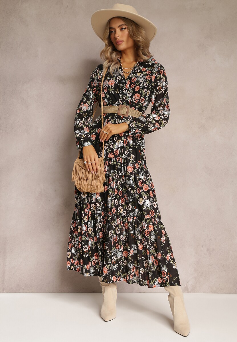 Czarna Sukienka Maxi z Plecionym Paskiem i Gumką w Talii w Kwiaty Elanisa