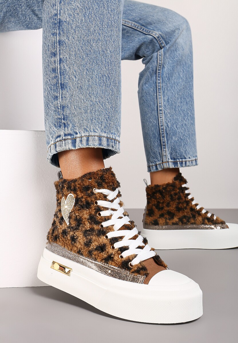 Brązowe Brokatowe Trampki na Platformie z Cholewką za Kostkę Nevirosa