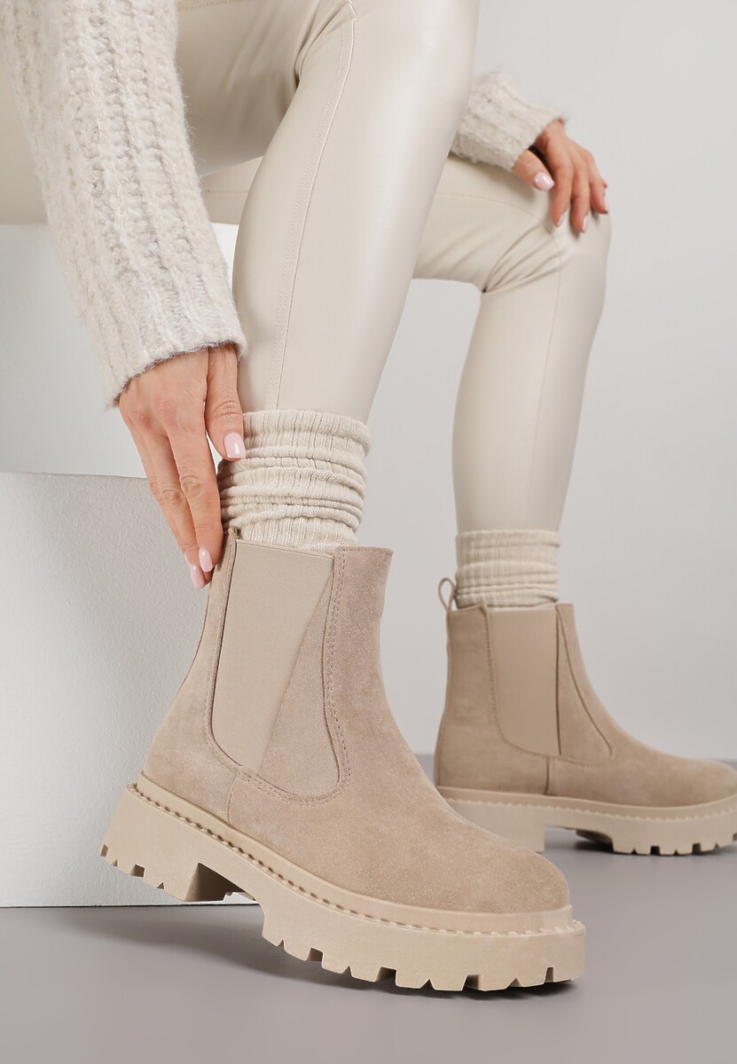 Beżowe Botki Sztyblety na Grubej Podeszwie Gosoga
